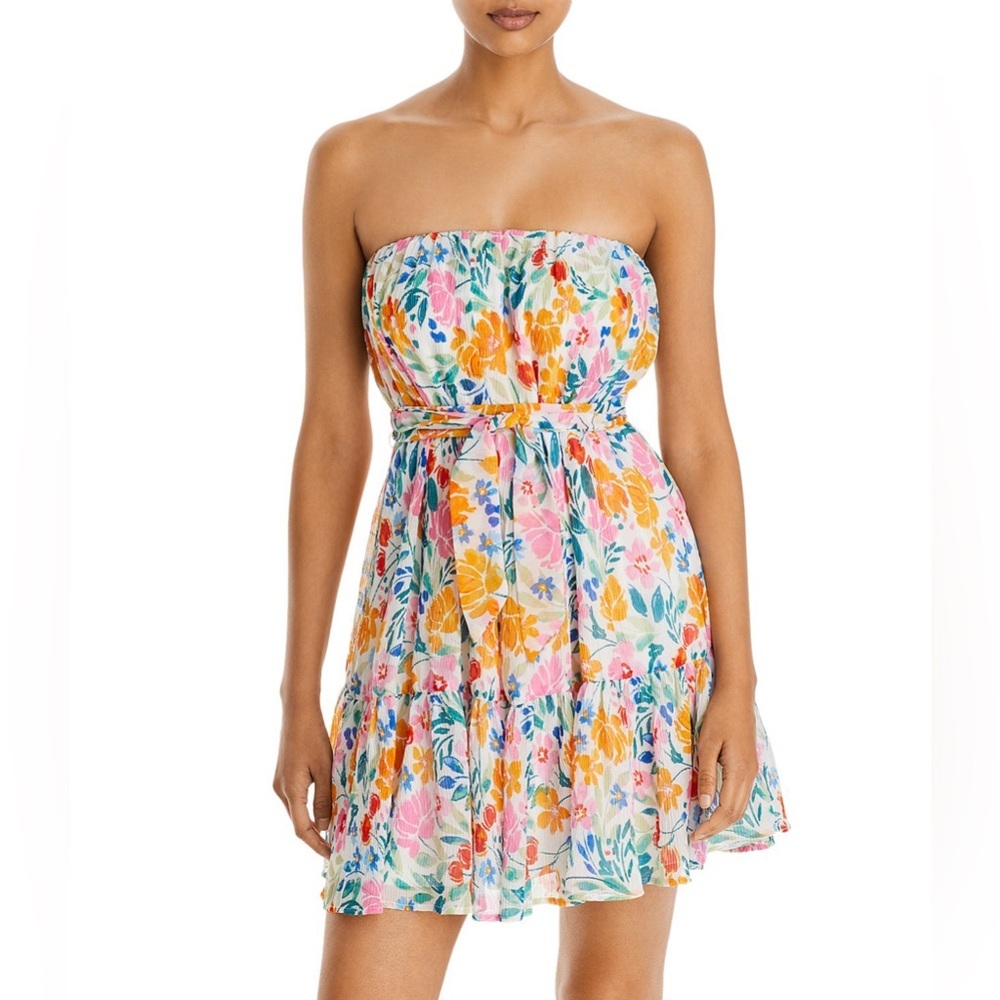 NWT- Aqua- Strapless Tie Waist Floral Mini Dress- Size Medium - Picture 2 of 8